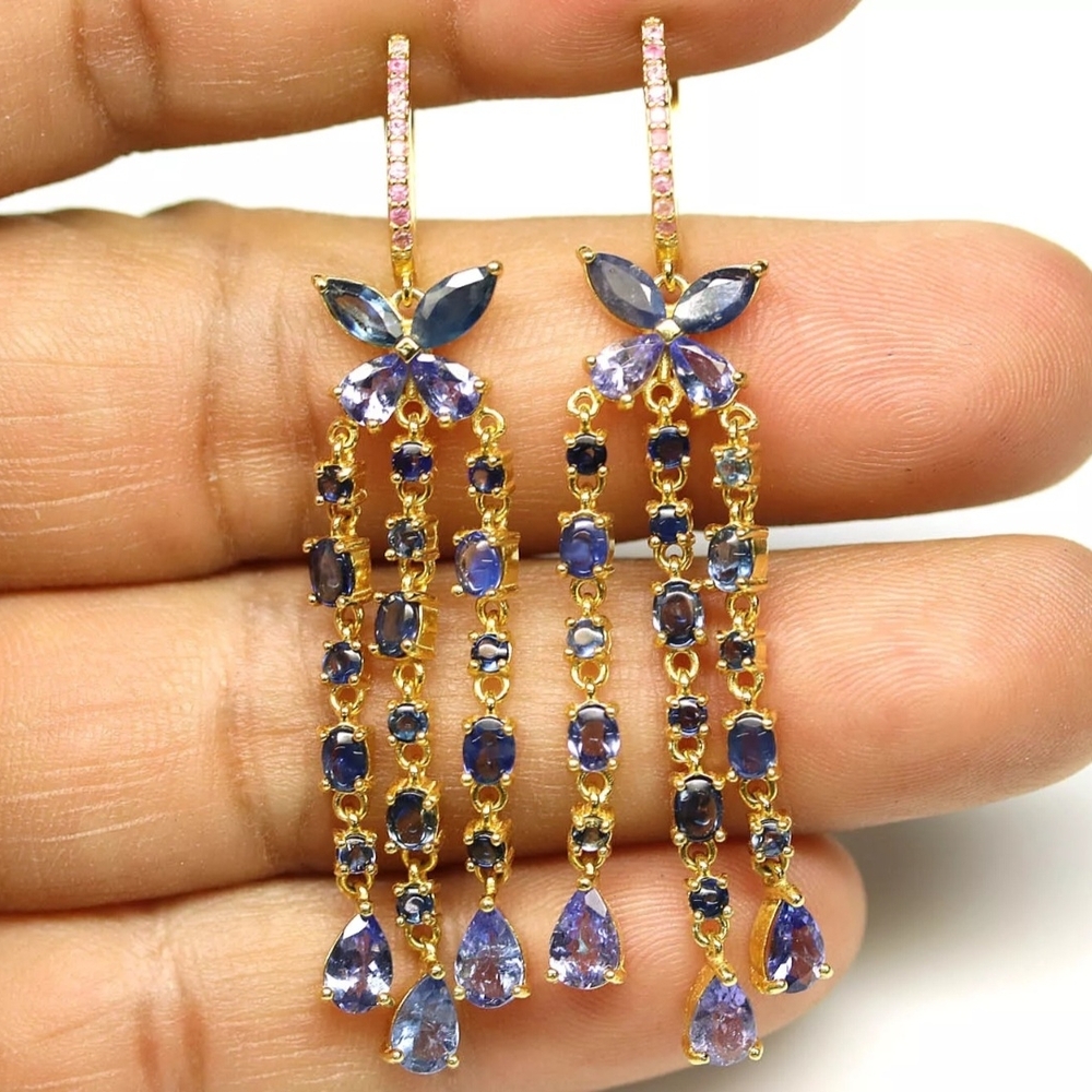 Beautiful Sterling Silver Genuine Sapphire & Tanzanite Dangle Chandalier Earring